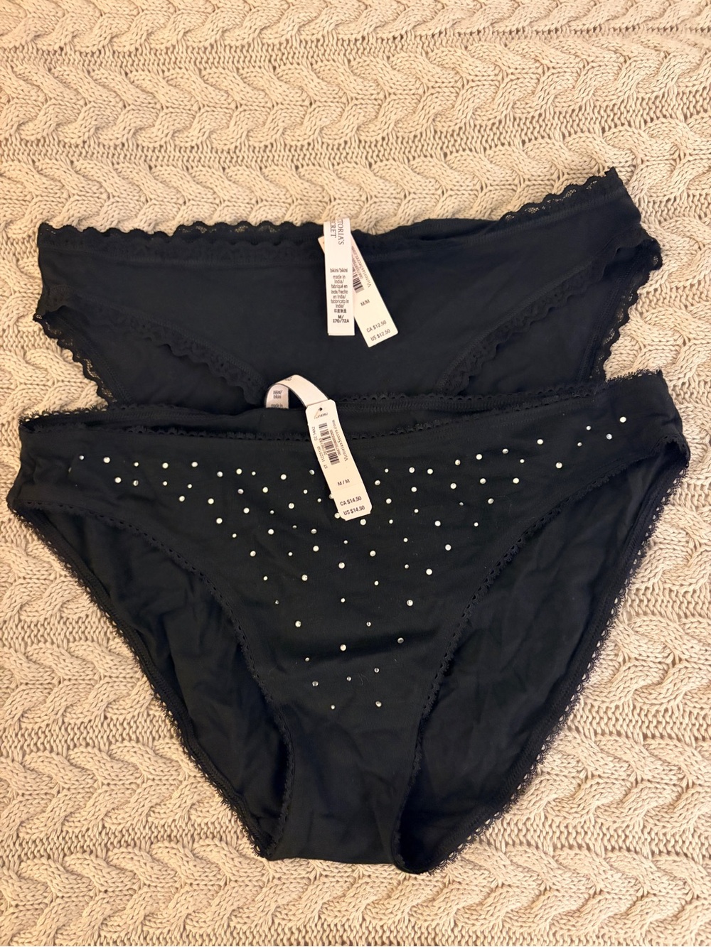 Victoria's Secret Black Lace-Trim rhinestone Panties - Set of 2